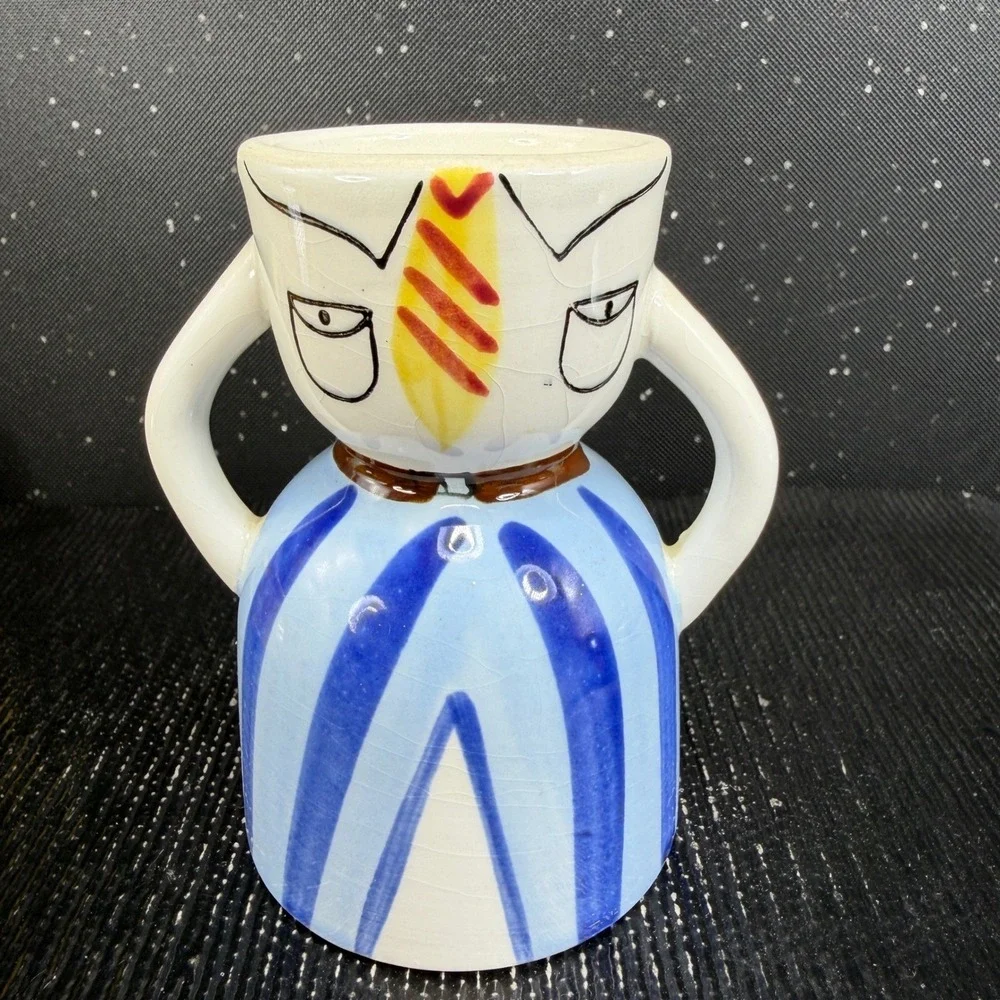 1950s Napco Whimsical Man in Suit Ceramic Egg Cup Holder Blue Striped Tie